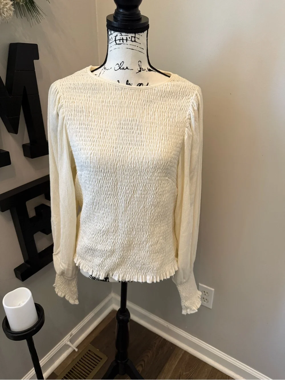Anthropology XL Cream Smocked Long-Sleeve Women's Top